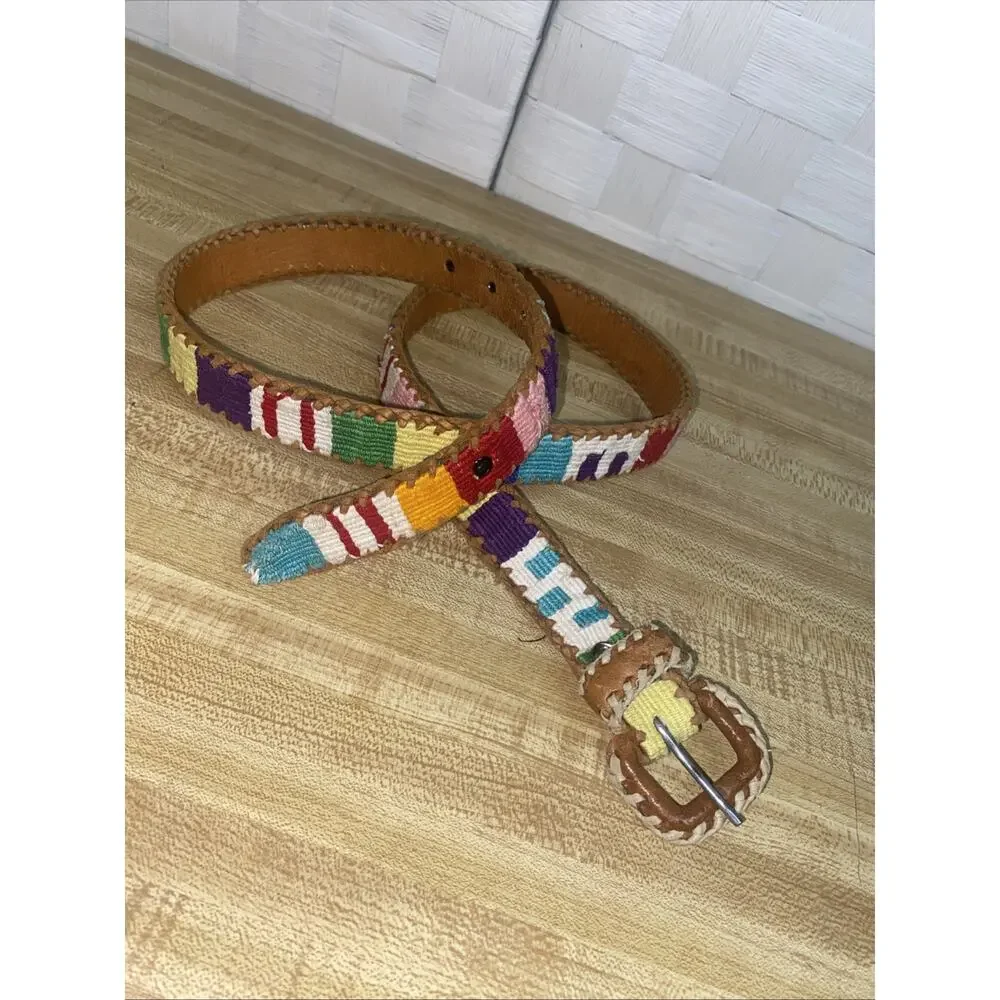 Vintage Leather Woven Belt Guatemala Rainbow Whip Stitch Geometric Western 32”